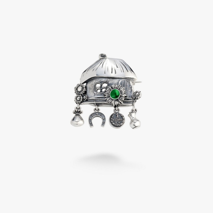Серебряная Брошь Хатка Emerald